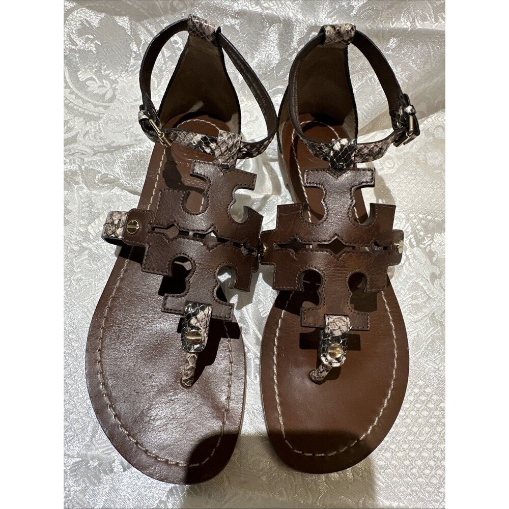 Tory Burch Phoebe Chandler Snake 🐍Print Leather Logo Sandals Women’s 8